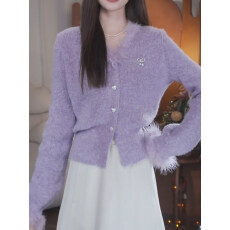 批发韩系超好看紫<b class='q'>色</b>毛衣针织<b class='q'>开衫</b>女士秋冬季新款高级独特洋气漂亮上衣