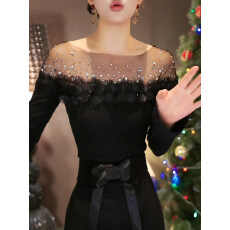 批发法式小香风一字领烫钻网纱拼接花朵<b class='q'>T</b><b class='q'>恤</b>女2026春季黑色打底上衣潮