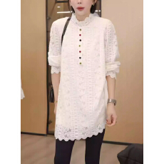 批发独特彩扣蕾丝立领加厚中长款衬衫2026春季新款韩版减龄打底上衣女