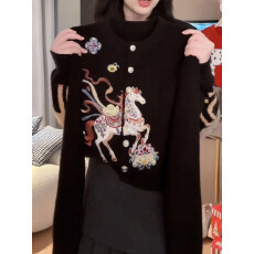 批发过年穿搭小马刺绣针织开衫女2026春季新款高级感减龄洋气宽松上衣