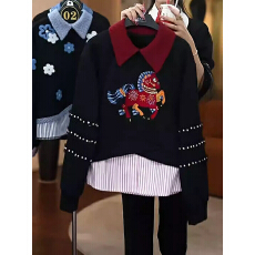 批发时尚撞色翻领小马刺绣钉珠卫衣女2026春冬新款宽松假两件打底上衣