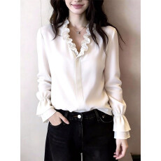 批发法式设计感花边设计衬衫女款<b class='q'>长袖</b>小众气质温柔通勤风百搭叠穿上衣