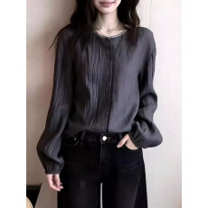 批发法式灰色衬衫<b class='q'>女长袖</b>2026春季新款高级感减龄洋气宽松显瘦套头上衣