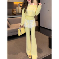 批发韩系ootd穿搭一整套女2026<b class='q'>时尚</b>百搭斜肩上衣蕾丝拼接阔腿裤两件套