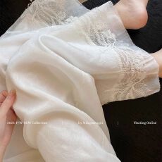 批发新中式<b class='q'>蕾丝</b>边刺绣拼接网纱休闲裤女2026夏季新款气质显瘦阔腿裤子