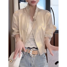 批发韩系时尚缎面翻领长袖衬衫女2026春夏新款拉链高级感小众短款上衣