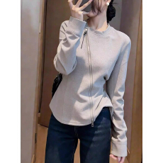 批发休闲风设计感独特漂亮灰色圆领拉链<b class='q'>卫衣</b>女收腰显瘦通勤风<b class='q'>长袖</b>上衣