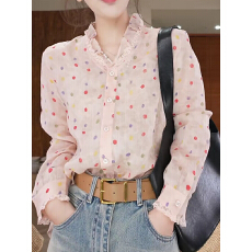 批发法式粉色波点荷叶边<b class='q'>长袖</b>衬衫女2026春季新款独特好看漂亮<b class='q'>开衫</b>上衣