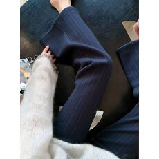 批发气质通勤深蓝色条纹微喇裤女2026春季新款高级感显瘦时尚感九分裤