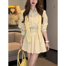 批发海边度假条纹长袖衬衫连衣裙女2026春季新款高级独特好看漂亮<b class='q'>短裙</b>