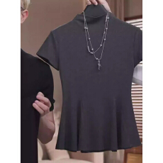 批发高级感简约高领<b class='q'>短袖</b>T恤女2026夏季新款设计感<b class='q'>修身</b>百搭A字下摆上衣