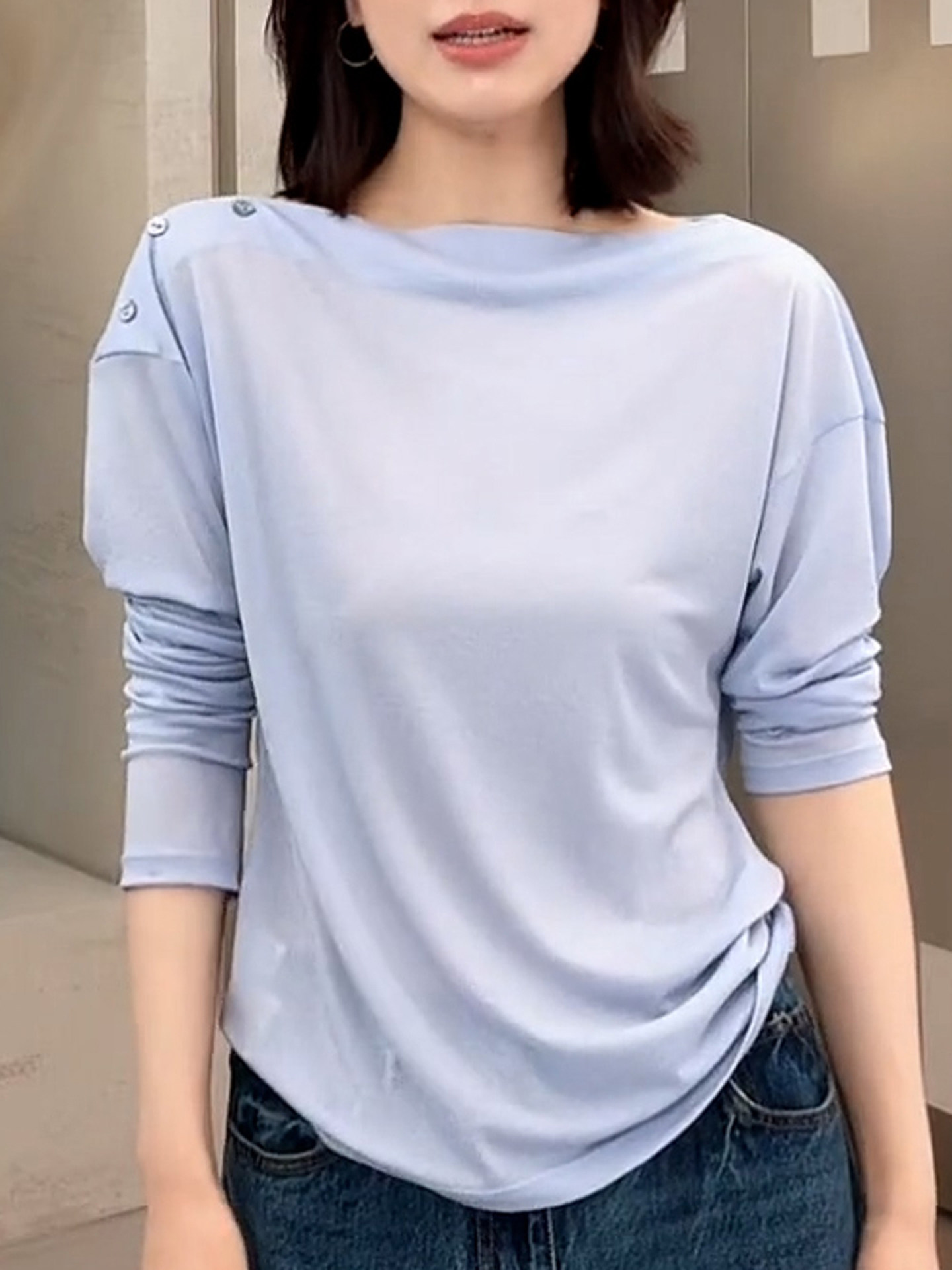 BY31482# 极简风休闲百搭一字肩T恤女秋季新款设计感修身显瘦长袖上衣  服裝批發女裝批發服飾貨源