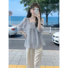 批发法式蓝色褶皱雪纺短袖衬衫女2026春夏季新款小个子娃娃衫漂亮上衣