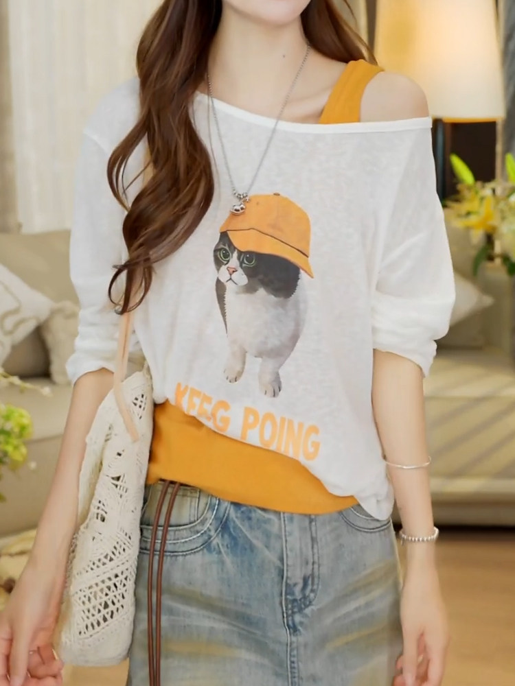 RY8132# 设计感元气斜肩两件套女秋季新款猫咪印花露肩防晒宽松通勤风上...