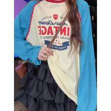 批发独特设计撞色字母印花长袖T恤女夏百搭宽松显瘦减龄薄款防晒上衣