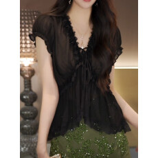 批发设计感V领木耳花边<b class='q'>衬衫</b><b class='q'>女</b>2026夏季新款时尚气质收腰显瘦短袖上衣
