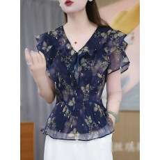 批发优雅V领<b class='q'>碎花</b>短袖<b class='q'>衬衫</b>女夏季新款荷叶边设计感减龄百搭休闲风上衣