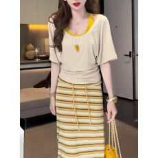 批发设计感掐腰上衣+背心+高腰条纹半身裙三件套女夏气质时尚显瘦<b class='q'>套装</b>