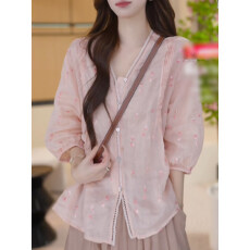 批发法式甜美温柔风短袖V领衬衫女夏季<b class='q'>薄</b>款独特好看百搭气质<b class='q'>开衫</b>上衣