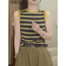 批发韩系撞色条纹无袖T恤女夏季新款修身显瘦百搭休闲<b class='q'>通勤</b>风背心上衣