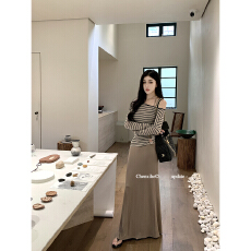 批发何晨曦 时尚套装莱赛尔条纹斜肩上衣垂坠感<b class='q'>莫代尔</b>长款<b class='q'>吊带</b>连衣裙