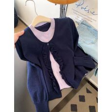 批发网图  木耳边长袖针织开衫<b class='q'>毛衣外套</b>女短款小个子撞色拼接初秋上衣