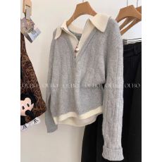 批发网图  假两件半拉链翻领长袖针织衫毛衣女短款内搭可外穿<b class='q'>上衣</b>秋