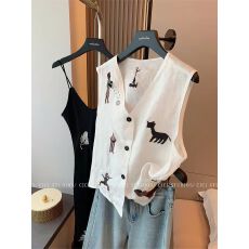 批发网图  刺绣亚麻V领无袖背心女夏复古法式简约显瘦老钱风百搭上衣
