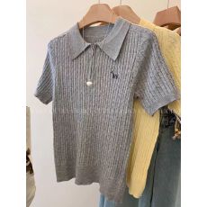 批发网图  灰色刺绣翻领短袖针织衫毛衣t恤<b class='q'>女士</b>内搭可外穿短款小上衣