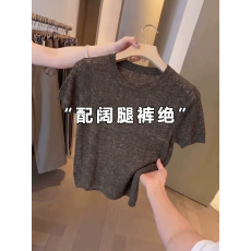批发老钱风亚麻咖色U领针织短袖T恤女夏季2026新款独特漂亮巨好看上衣