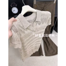 批发自留高货爆款推荐~复古老钱风polo领镂空针织短袖t恤女<b class='q'>夏季</b>薄上衣