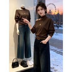 批发质挂脖一字露肩磨毛长袖T恤女秋冬新款宽松显瘦百搭打底衫上衣