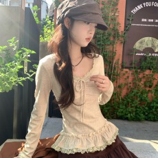 批发羊绒韩系甜美显瘦<b class='q'>可爱</b>百搭蕾丝拼接长袖打底衫女上衣2025新款