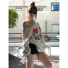批发纯棉双纱美式辣妹斜肩卫衣女字母印花露肩<b class='q'>长袖</b>宽松显瘦慵懒风上衣