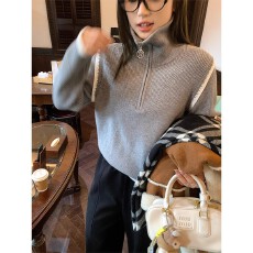 批发秋季新款减龄撞色拼接半开领针织衫慵懒风上衣女