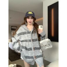 批发韩系慵懒风<b class='q'>条纹</b>连帽毛衣2025年新款秋季宽松加厚针织<b class='q'>开衫</b>外套上衣