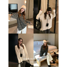 兔毛绒条纹撞色卫衣宽松显瘦圆领T恤上衣女