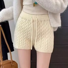 批发2025年秋冬季麻花针织<b class='q'>短裤</b>女<b class='q'>新款</b>高腰系带阔腿外穿打底裤子