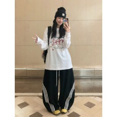 原版做法纯棉200克21支食毛+手感印花宽松打底手袖束口长袖T恤女