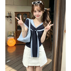 批发韩系海军领撞色薄款v领针织短袖t恤女2026新款独特绝美初夏小上衣