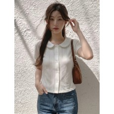 批发沐桃法式温柔风娃娃领镂空针织短袖T恤女夏减龄修身显瘦百搭上衣