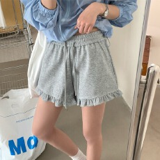 批发纯棉华棉复合针织底220克 韩版宽松木耳边百搭休闲裤气质短裤女