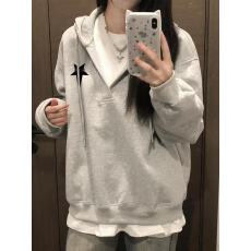 批发<b class='q'>纯棉</b>华棉复合薄款320克/加绒420克布面+手感印花假两件拼接卫衣女