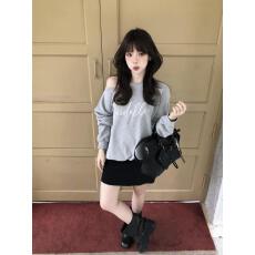批发<b class='q'>纯棉</b>华棉复合薄款320克/加绒420克布面+手感印花斜肩露肩卫衣女