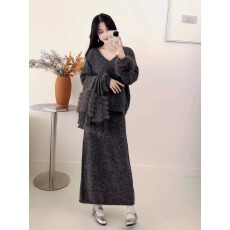 批发外贸款  韩版时尚三件套V领针织衫+A字裙+围巾温柔风韩系套装