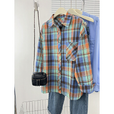 批发宽松撞色格子口袋衬衫2026春<b class='q'>秋</b>休闲外套翻领格纹衬衣