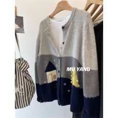 批发童话世界~房子大树婴儿<b class='q'>羊绒</b>羊毛<b class='q'>开衫</b>女圆领宽松毛衣外套