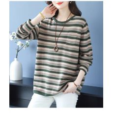 批发<b class='q'>妈妈</b>装秋冬季新款圆领<b class='q'>针织衫</b>女大码宽松休闲上衣条纹打底衫