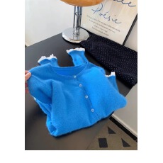 批发克莱因蓝<b class='q'>蕾丝</b>拼接假两件针织开衫毛衣外套女设计感慵懒高级感上衣