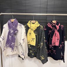 批发甜美蝴蝶结大版型围巾<b class='q'>开衫</b>两件套撞色<b class='q'>圆领</b>毛衣女秋冬季慵懒风<b class='q'>针织</b>